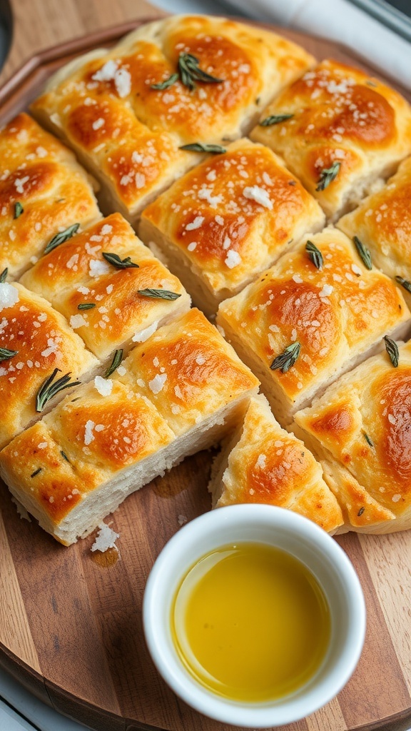 No-Rise Focaccia Bread Recipe Golden brown focaccia bread with rosemary and sea salt, served on a wooden board with olive oil.
